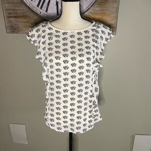 LOFT Cream/Black Floral Print Short Sleeve Blouse